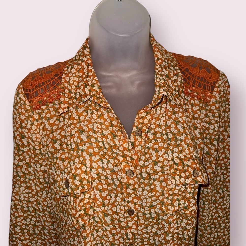 Cowgirl Floral Button Front Blouse Orange Western Top M - Picture 5 of 8